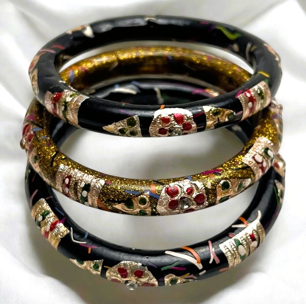 Vintage Set of (3) Black & Gold Lacquered Wooden Bangles, Hand-Painted Design